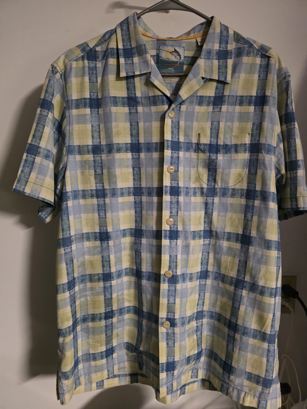 Tommy Bahama Short-Sleeve Plaid Camp Shirt in Blue and Yellow Men's Medium Euc